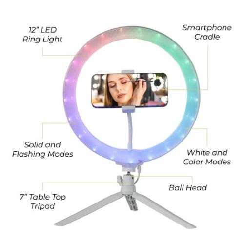 Vivitar 12 Full Color 3D Ring Light with Tripod and Adjustable Ball Head, Black