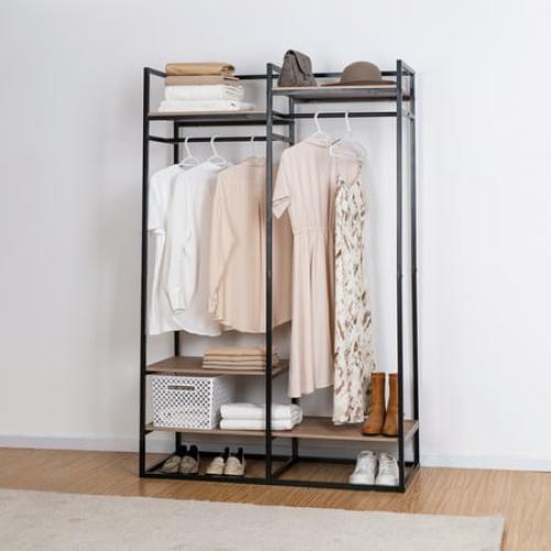 Better Homes & Gardens Jace Freestanding Metal 2-Rod Garment Rack with 4 Wooden Shelves, Black