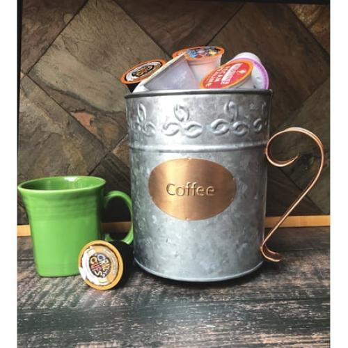 Autumn Alley Galvanized Coffee Pod K-Cup Holder|'Coffee' Copper Label and Handle