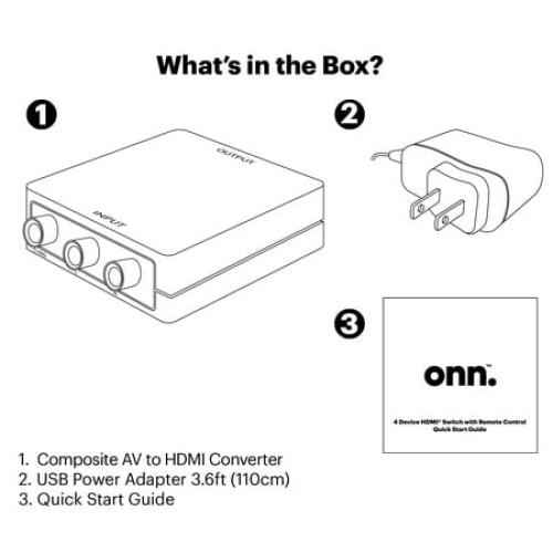 onn. Composite AV to HDMI Adapter, 1080P HD Quality, Indoor, Black, 6.5in x 1.5in, 0.3lb, None