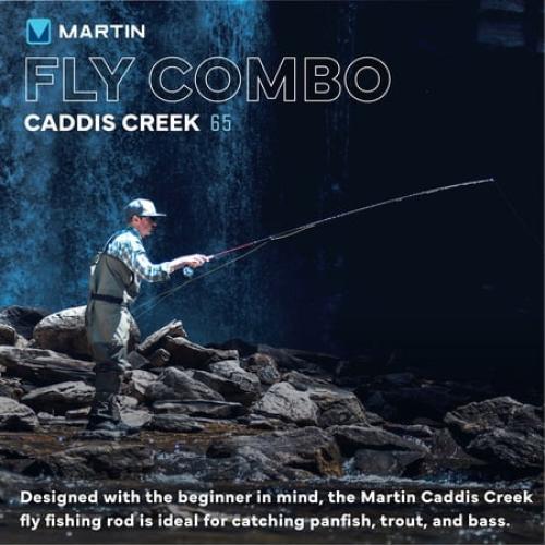 Martin Caddis Creek Fly Reel and Fishing Rod Combo, 5/6-Weight 9-Foot 2-Piece Fiberglass Rod, Brown