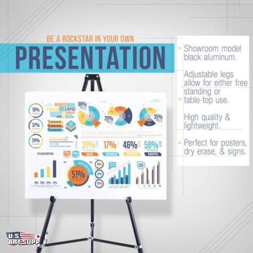U.S. Art Supply 66 High Showroom Black Aluminum Display Easel and Presentation Stand, Adjustable Floor and Tabletop Use