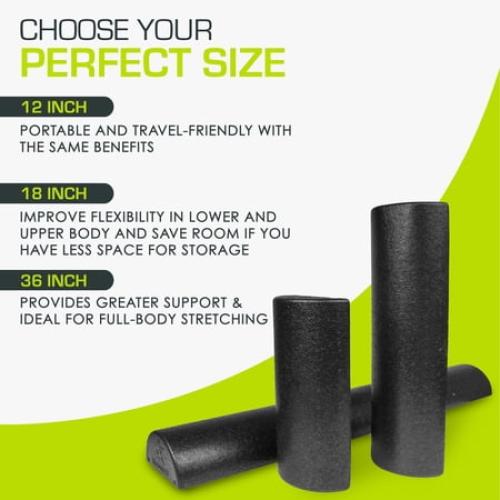 ProsourceFit High Density Half-Round Foam Rollers 12”, 18, 36 Black