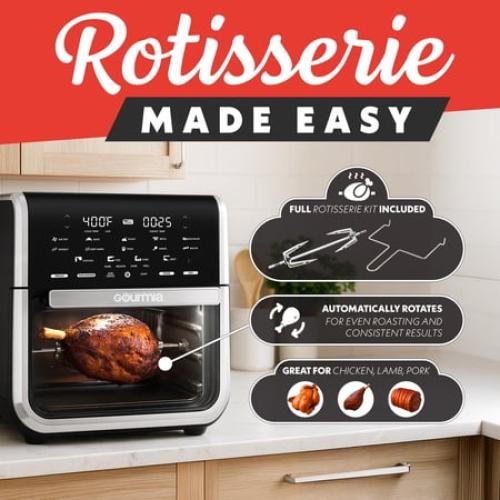 (FOOT BROKE UNUSED) Gourmia All-in-One 14-Quart Air Fryer, Oven, Rotisserie, Dehydrator with Temperature Probe, Stainless Steel