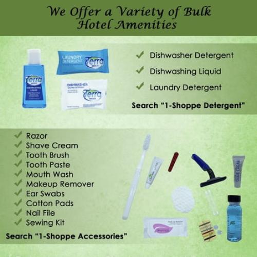 Terra Pure Hotel Soaps and Toiletries Bulk Set | 1-Shoppe All-In-Kit Amenities for Hotels | 1oz Hotel Shampoo & Conditioner, Body Wash, Body Lotion & 1.25oz Bar Soap Travel Size | Pieces