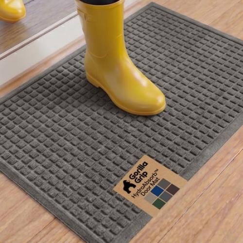GORILLA GRIP HydroAbsorb Doormat, Indoor Outdoor Rubber Backed Weather Mat, 35x23, Grey