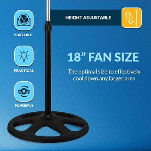 PAMI 18 Oscillating Pedestal Fan with Adjustable Height & 3 Speed Settings, High-Velocity Stand Fan for Home & Bedroom, Black