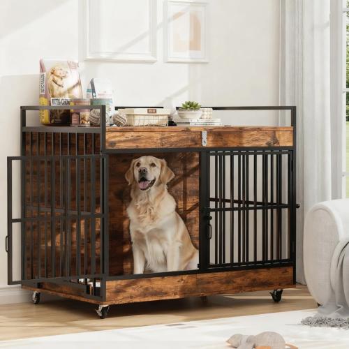 Dog Crate Furniture-Style Cages for Dogs Indoor with 2 Stainless Steel Bowls