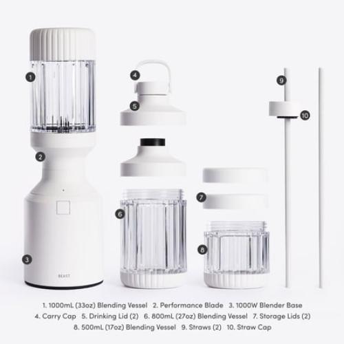 The Beast Blender; Personal Countertop Blending for Smoothies, Shakes, Food Prep & Frozen Fruits & Veggies; Extra Portable Vessels, Straw Cap & Straws Included; 1000W Motor (Cloud White)