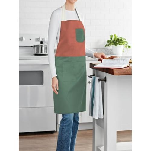 Mainstays Chef Kitchen Apron, 28 x 32 Two Tone Bib Apron with Pockets for Cooking, Baking, Gardening in Red