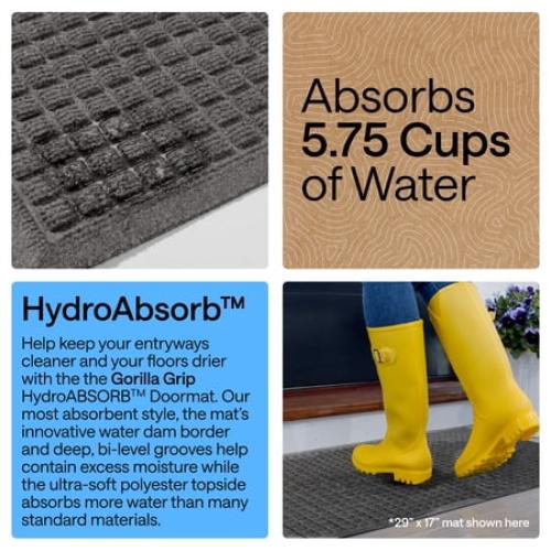 GORILLA GRIP HydroAbsorb Doormat, Indoor Outdoor Rubber Backed Weather Mat, 35x23, Grey