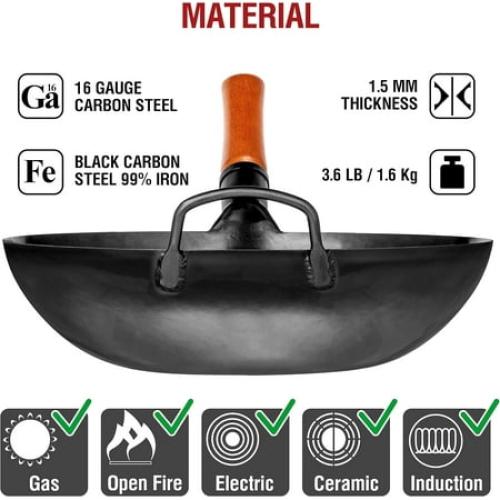 YOSUKATA 13.5 Pre-Seasoned Carbon Steel Wok Pan, Flat Bottom Stir Fry Pan for Gas, Electric, Induction & Open Fire, Traditional Asian Cookware for Kitchen, BBQ & Camping Use