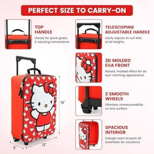 Size 16x12x5 Color Red Fast Forward Hello Kitty 16 Soft Luggage - Cute & Durable Carry-On Suitcase for Travel 16X12X5