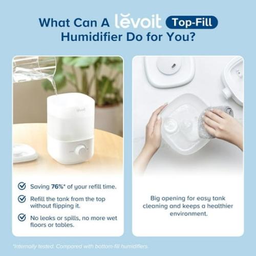 LEVOIT Bedroom Top Fill Humidifier, 2.5L Water Tank for Large Rooms, Easy to Fill and Clean, 28 dB Silent Cool Mist Air Humidifier for Home Baby Nursery and Plants