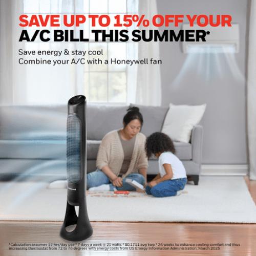 Honeywell 40 Black Quiet Set Oscillating Tower Fan, 30ft Air Circulation Power, 5 Speed, Auto Off Timer, HYF260B