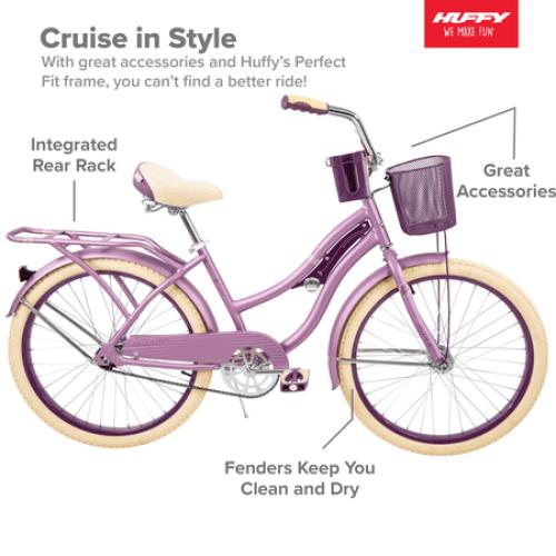 Huffy 24 Nel Lusso Girls' Cruiser Bike, Purple Satin, Age 12  Years ⚠️MISSING PEDALS AND BASKET⚠️