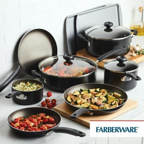 Farberware Easy Clean 22 Pcs Nonstick Cookware Set Includes Griddle Pan and Cooking Tools, Dishwasher Safe, Black