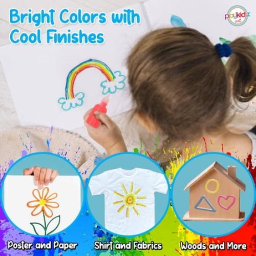 Playkidiz 3-D Art Metallic Puff Paint For Kids, 6 Pack Color Pack Squeeze Paint, Non Toxic Puff Paint Set, Washable Fabric Paint, Classic Colors, Ages 3 .