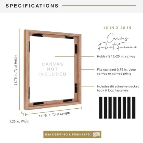 MCS Canvas Float Frames 16x20 Frame, Black Frame for Finished Canvases, Vertical & Horizontal Wall Hanging Large Frame with Adhesive for Canvas Paintings (1-Pack)