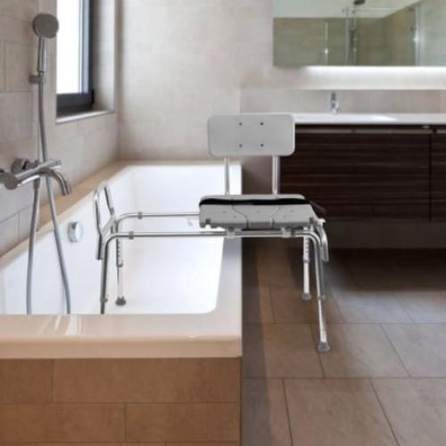 Tub Transfer Bench and Sliding Shower Chair Made of Heavy Duty Non Slip Aluminum Body and Plastic Seat with Adjustable Seat Height and Cut Out Access Holding Weight Capacity up to 400 lbs, Gray