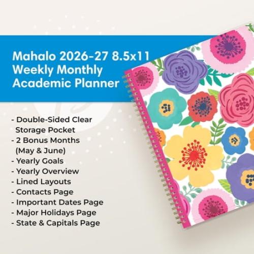 Blue Sky 2026-2027 Weekly and Monthly Academic Year Planner Calendar, July 2026 - June 2027, 8.5 x 11, Flexible Pocket Cover, Wirebound, Storage Pocket, Laminated Tabs, Mahalo