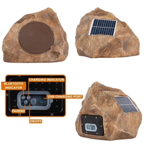 Homewell Outdoor Rock Speaker Solar-Powered Wireless Bluetooth 5.0 Portable Speaker Weatherproof for Patio, Pool, Deck, Yard, Garden and Home (2-Pack, Brown)