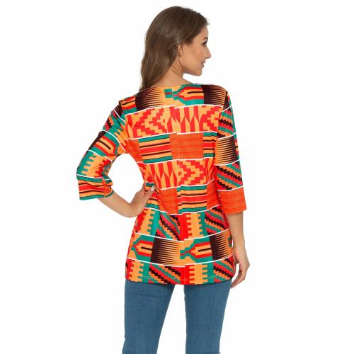 Afibi Womens Print Shirt African Dashiki 3/4 Sleeve Boho Loose Tunic Tops (Medium Red)