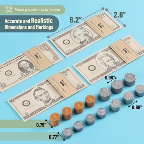 Mr. Pen- Play Money for Kids, 150 Pcs, Ages 3 , 60 pretend bills (20 $1s, 20 $5s, 10 $10s, and 10 $20s) and 90 plastic coins (30 pennies, 20 nickels, 20 dimes, and 20 quarters)