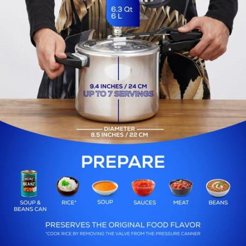 Size  6.3Qt / 6L Pressure Cooker for 7 Servings, With Multiple Safety Systems and Heat Resistant Handles For Can, Soup, Meat and Beans