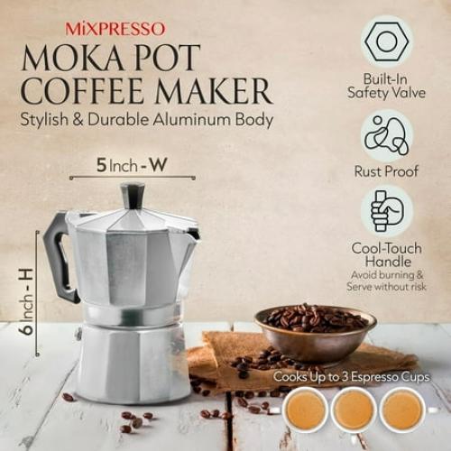 Mixpresso 3 Cup Moka Pot Coffee Maker for Gas, Electric Stove Top, Classic Italian Espresso Maker, Stovetop for Camping, Makes 5 Oz Cuban Coffee