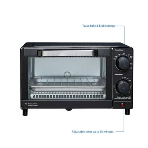 Mainstays 4-Slice Countertop Toaster Oven with 3 Settings, Includes Baking Rack and Pan, Black, New