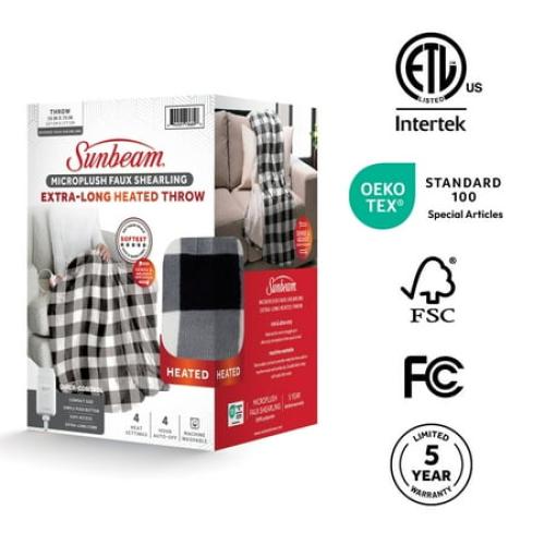 Sunbeam Electric Heated Throw Blanket Black/White Plaid Microplush Faux Shearling 4 Heat 50x70