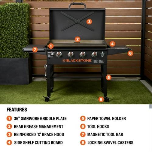 Blackstone Original 4-Burner 36 Propane Omnivore Outdoor Griddle with Hood and Folding Side Shelves ( scratch’s see the pictures )