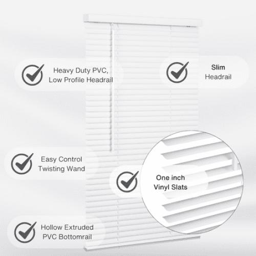 Lotus & Windoware Cordless 1 Vinyl Mini Blind Light Filtering Horizontal Blind, 35 Width x 60 Length, White, Smooth