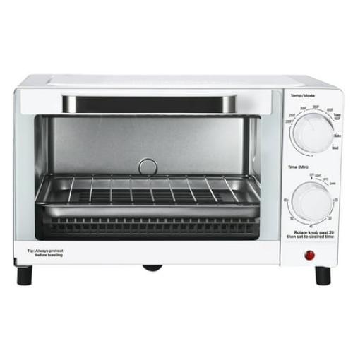 Mainstays 4 Slice Countertop Toaster Oven with 3 Settings, Includes Baking Rack and Pan, Arctic White, New