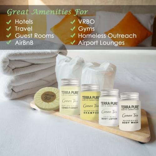 Terra Pure Hotel Soaps and Toiletries Bulk Set | 1-Shoppe All-In-Kit Amenities for Hotels | 1oz Hotel Shampoo & Conditioner, Body Wash, Body Lotion & 1.25oz Bar Soap Travel Size | Pieces