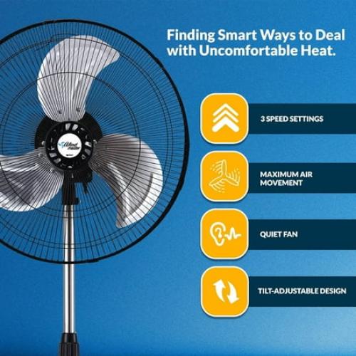 PAMI 18 Oscillating Pedestal Fan with Adjustable Height & 3 Speed Settings, High-Velocity Stand Fan for Home & Bedroom, Black