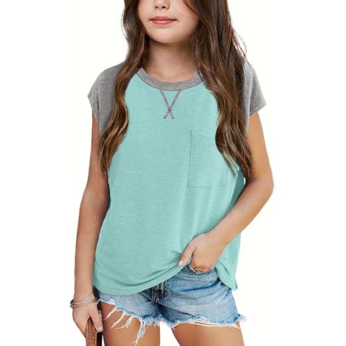 7-8y Imily Bela Girls Summer T Shirts Casual Cap Sleeve Crewneck Raglan Tops with Pocket Light Green