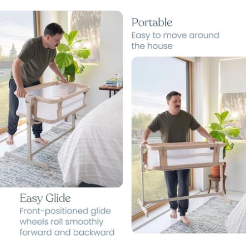 HALO BassiNest 2-in-1 Height-Adjustable Bedside Sleeper with Mattress Pad and Fitted Sheet, Oat