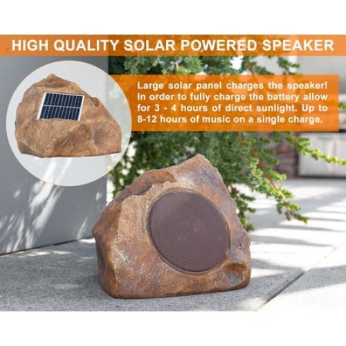 Homewell Outdoor Rock Speaker Solar-Powered Wireless Bluetooth 5.0 Portable Speaker Weatherproof for Patio, Pool, Deck, Yard, Garden and Home (2-Pack, Brown)