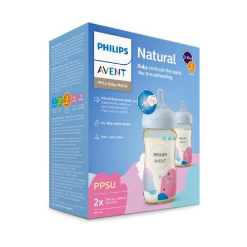 2Pack 9oz Philips Avent Ppsu Natural Baby Bottles with Medium Flow Nipples (Flow 3), 9oz, with Decoration, 2-Pack, SCY943/02