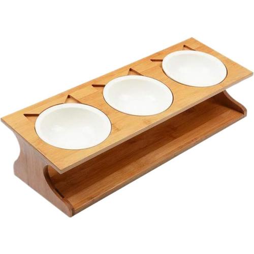 KCHEX Lucky Link Raised Pet Bowls Feeder Bamboo Dining Table Oblique Stand for Cats Dogs Kitten and Puppy (3 Bowls)