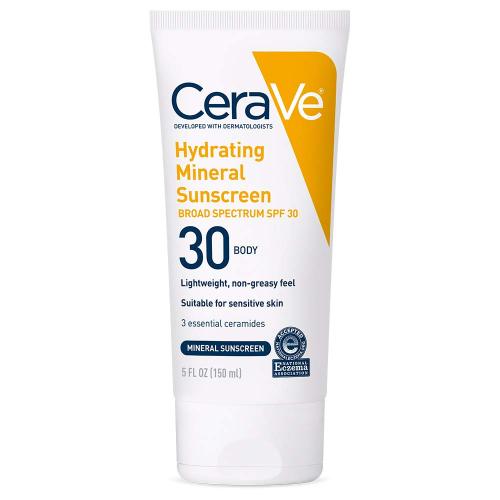 CeraVe 100% Mineral Sunscreen SPF 30, Body Sunscreen with Zinc Oxide & Titanium Dioxide for Sensitive Skin, 5oz