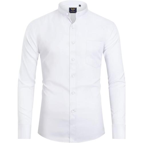 J.VER Mens Slim Fit Dress Shirts Long Sleeve Mandarin Collar Shirts Solid Casual Formal Shirt with Pocket White Medium