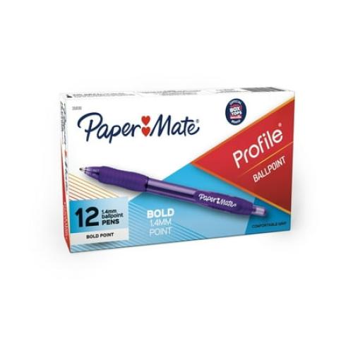 Paper Mate® Profile™ Retractable Ballpoint Pens, Bold Point, 1.4 mm, Translucent Purple Barrel, Purple Ink, Pack Of 12
