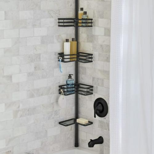 Better Homes & Gardens Tension Pole Shower Caddy, Resists Rust, 3 Tier Caddy, 5 - 9 ft, Matte Black