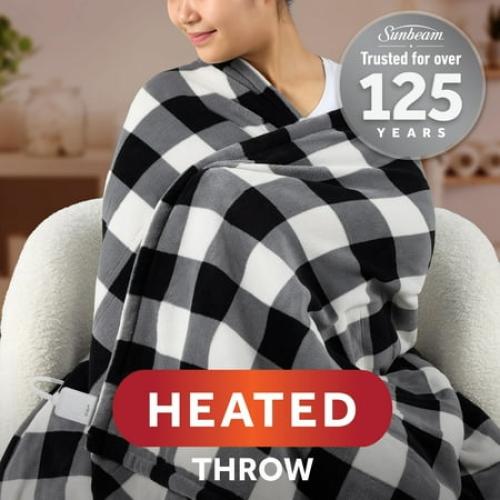 Sunbeam Electric Heated Throw Blanket Black/White Plaid Microplush Faux Shearling 4 Heat 50x70
