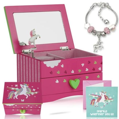 Amitie Lane Itsy Unicorn Musical Jewelry Box, Unicorn Charm Bracelet, Girls Ages 6 , Fuchsia Pink