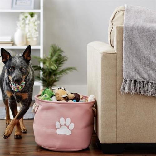 Contemporary Home Living 15 Pink and White Decorative Round Medium Lattice Paw Pet Storage Bin