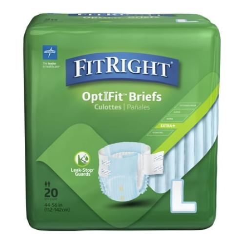FitRight OptiFit Extra  Briefs, with Leak Stop Guards, Adult Disposable Briefs with Tabs, Large, 48-58, 20 Count